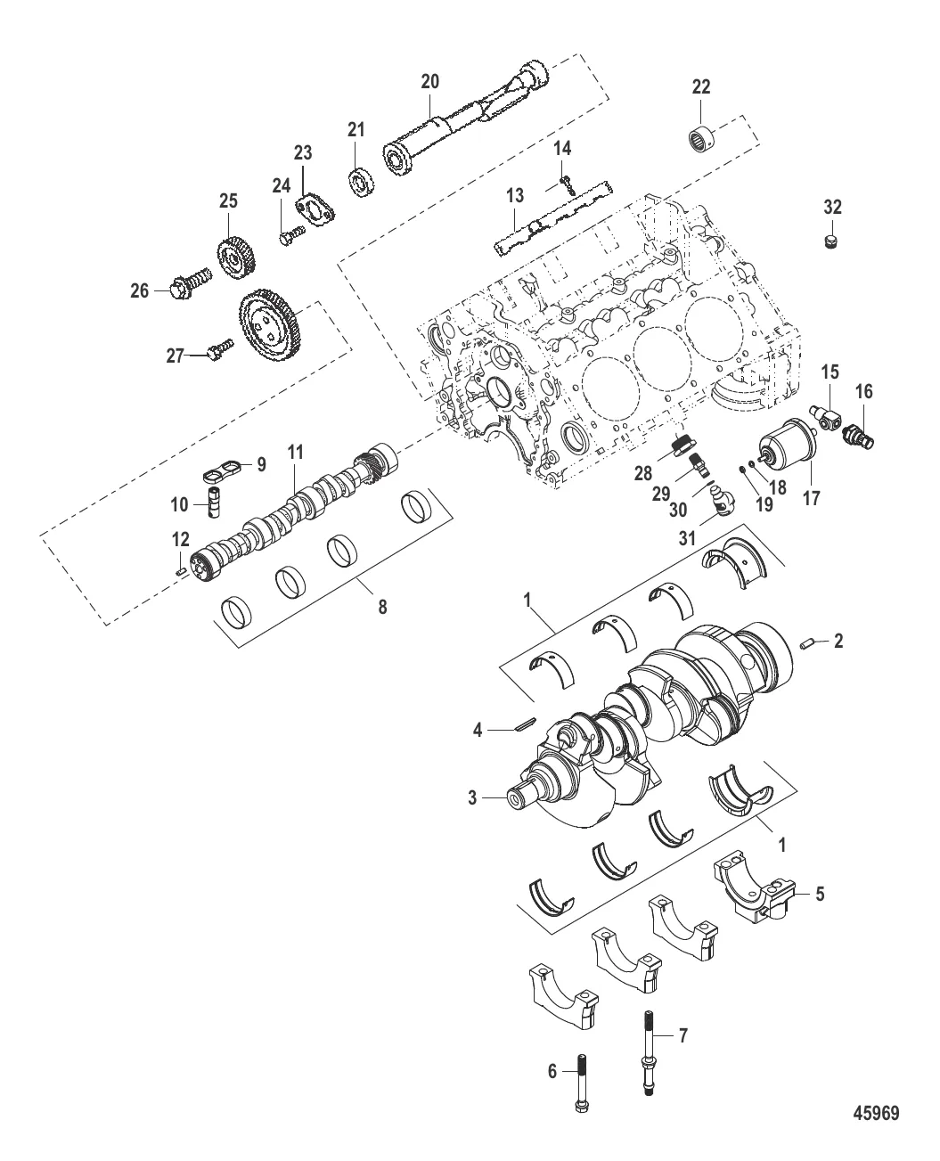 Блок цилиндра Распределительный вал, коленчатый вал и балансировочный вал