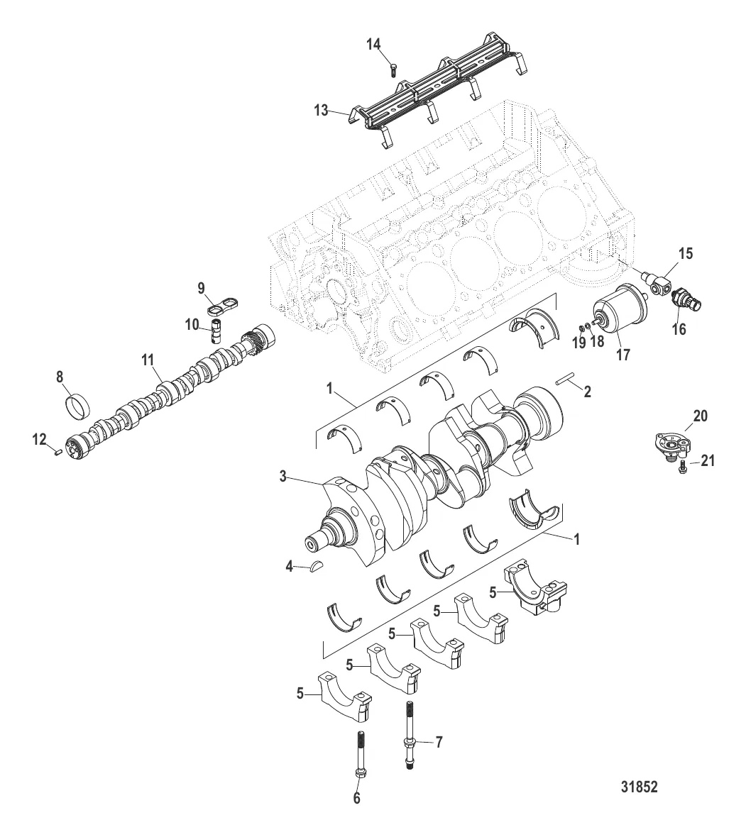 Блок цилиндров, распределительный вал и коленчатый вал