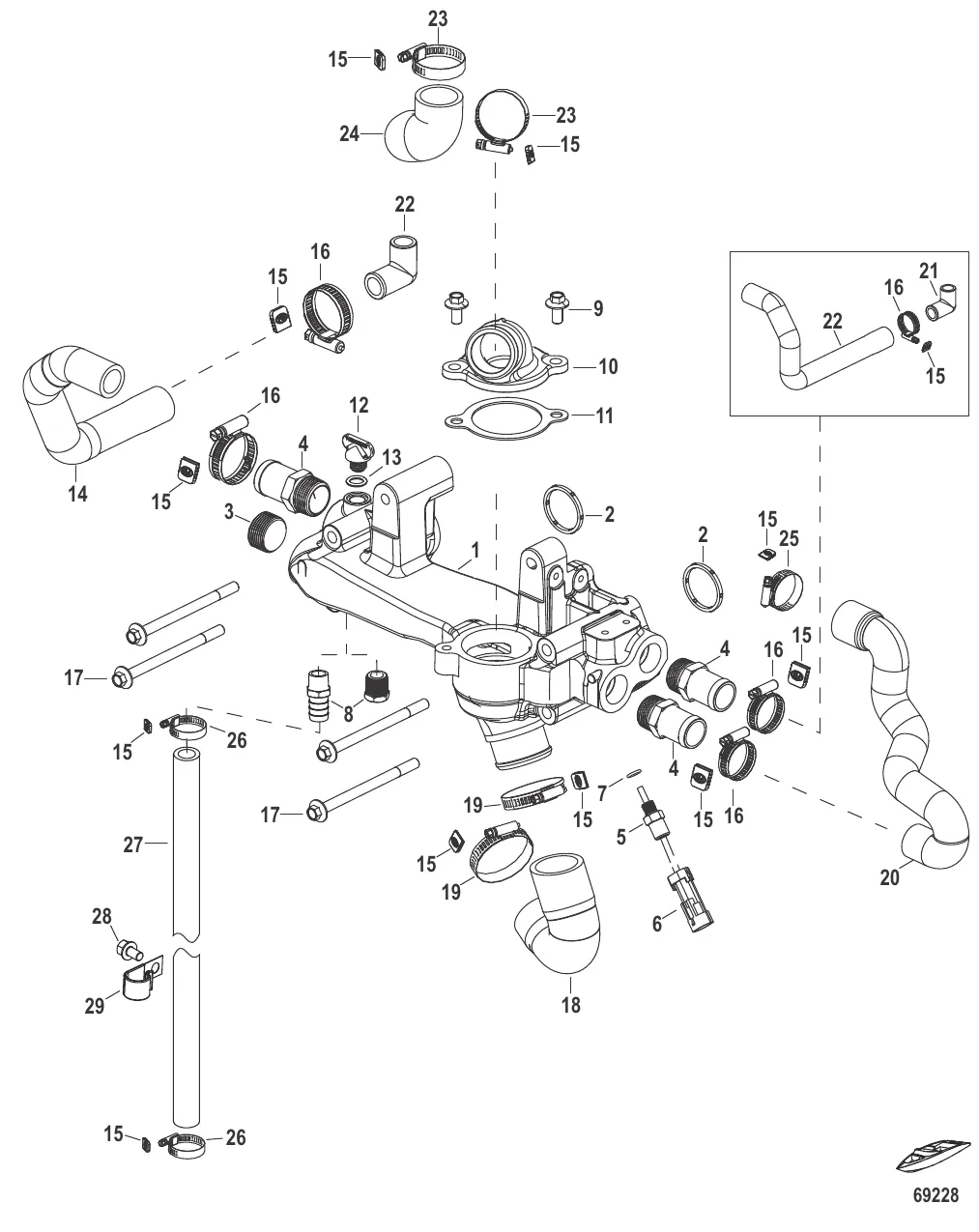 Охлаждение пресной водой Перепускная труба в сборе