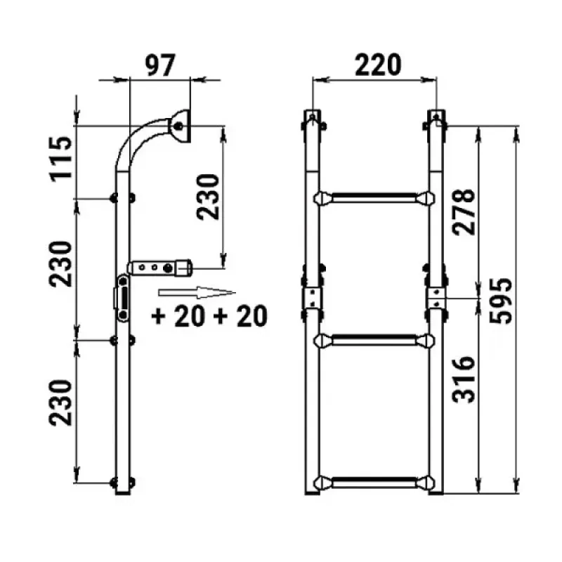 Техномарин Трап складной с вертикальным креплением, 3 белых ступени (ширина 220 мм.)