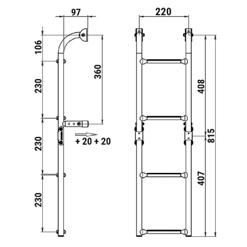 Техномарин Трап складной с вертикальным креплением, 4 серых ступени (ширина 220 мм.)