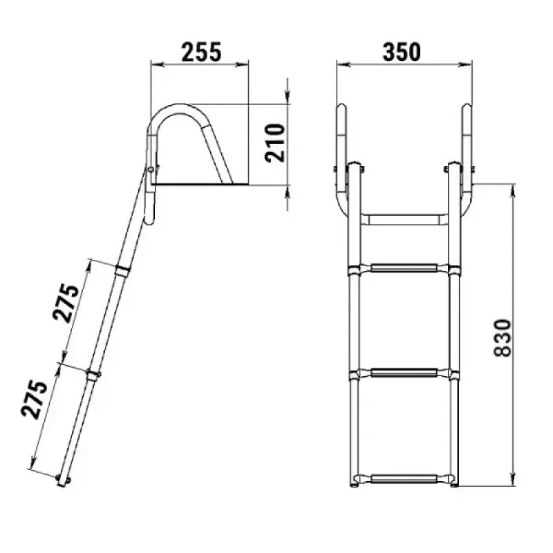Техномарин Трап телескопический с поручнем, 3 черных ступени (ширина 350 мм.)