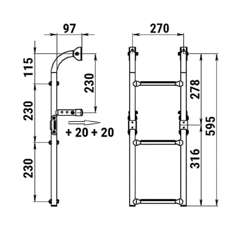 Техномарин Трап складной с вертикальным креплением, 3 черных ступени (ширина 270 мм.)