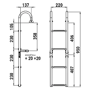 Трап складной с горизонтальным креплением, 4 черных ступени (ширина 220 мм.) 040177BT