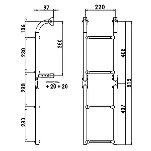 Трап складной с вертикальным креплением, 4 черных ступени (ширина 220 мм.) 040173BT