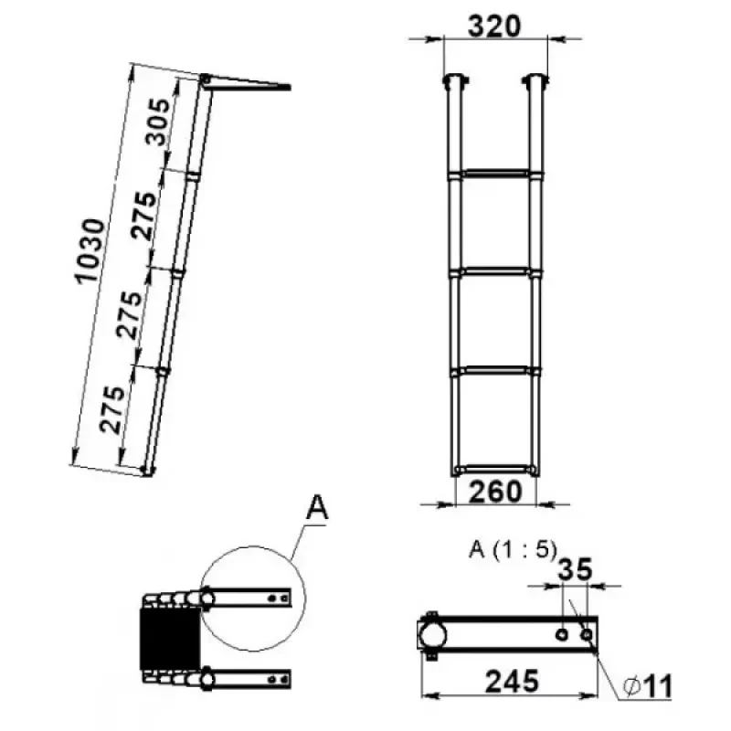 Техномарин Трап телескопический складной, 4 серых ступени (ширина 320 мм.)