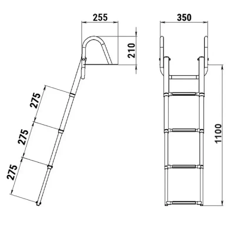 Техномарин Трап телескопический с поручнем, 4 серых ступеней (ширина 350 мм.)