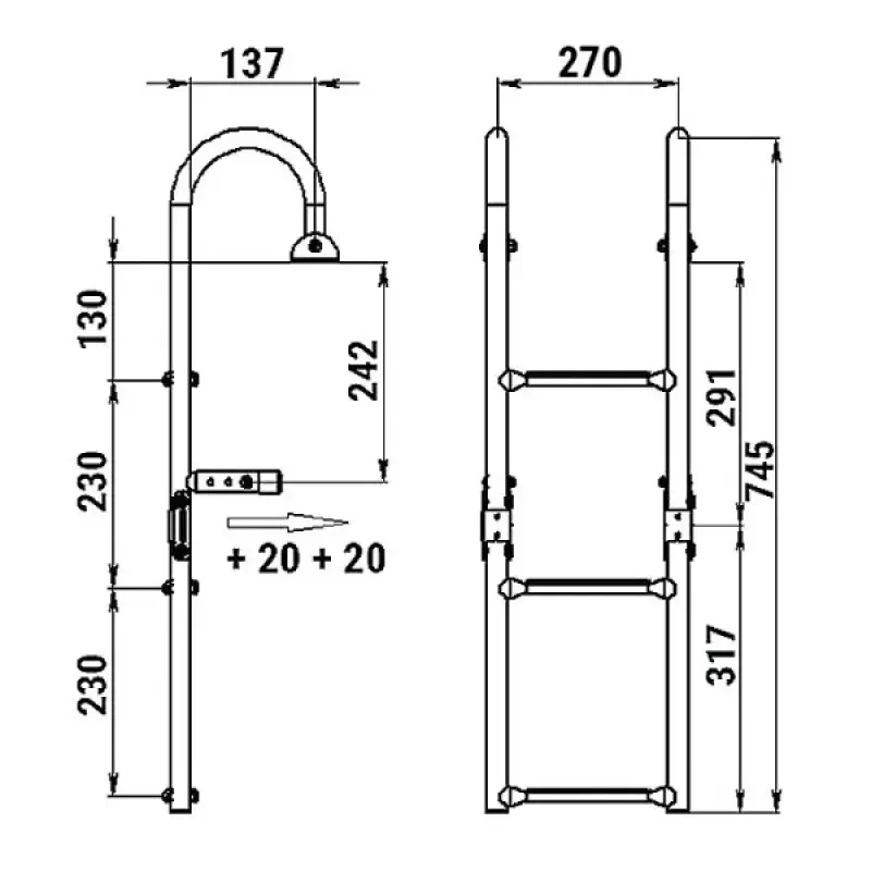 Техномарин Трап складной с горизонтальным креплением, 3 белых ступени (ширина 270 мм.)