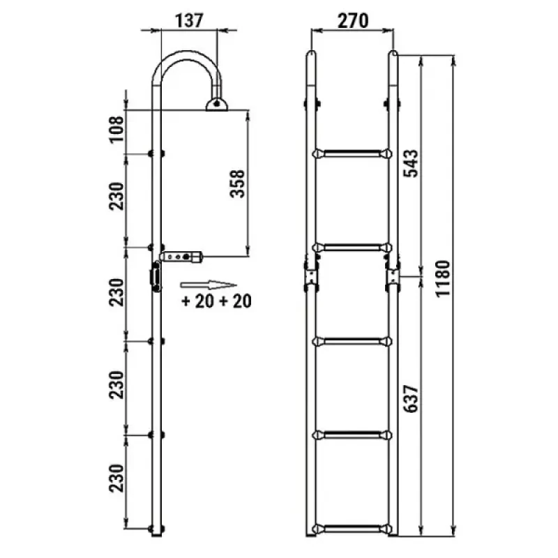 Техномарин Трап складной с горизонтальным креплением, 5 белых ступени (ширина 270 мм.)