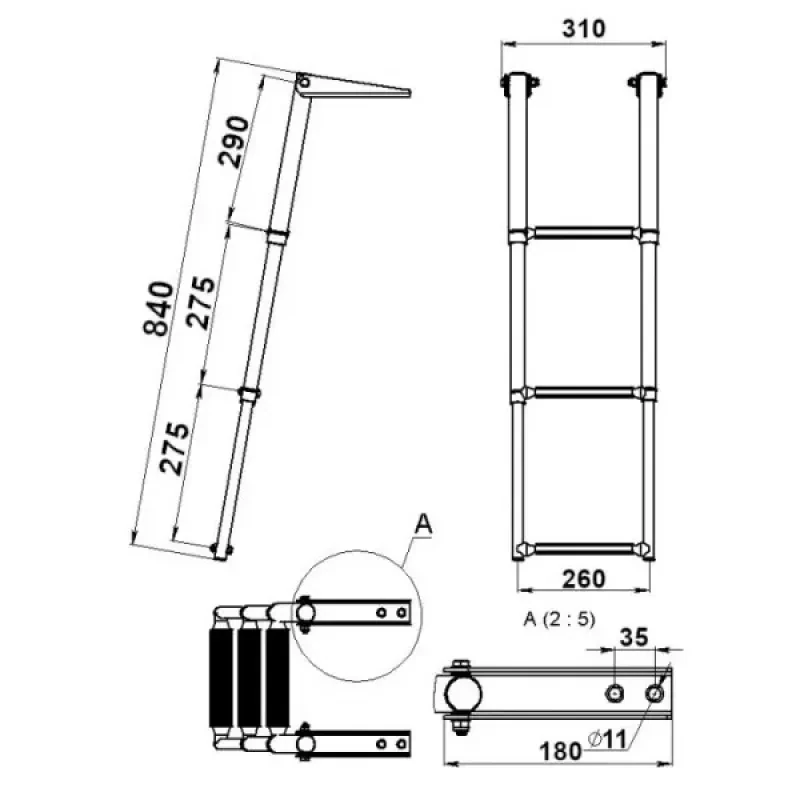 Техномарин Трап телескопический складной, 3 белых ступени (ширина 310 мм.)