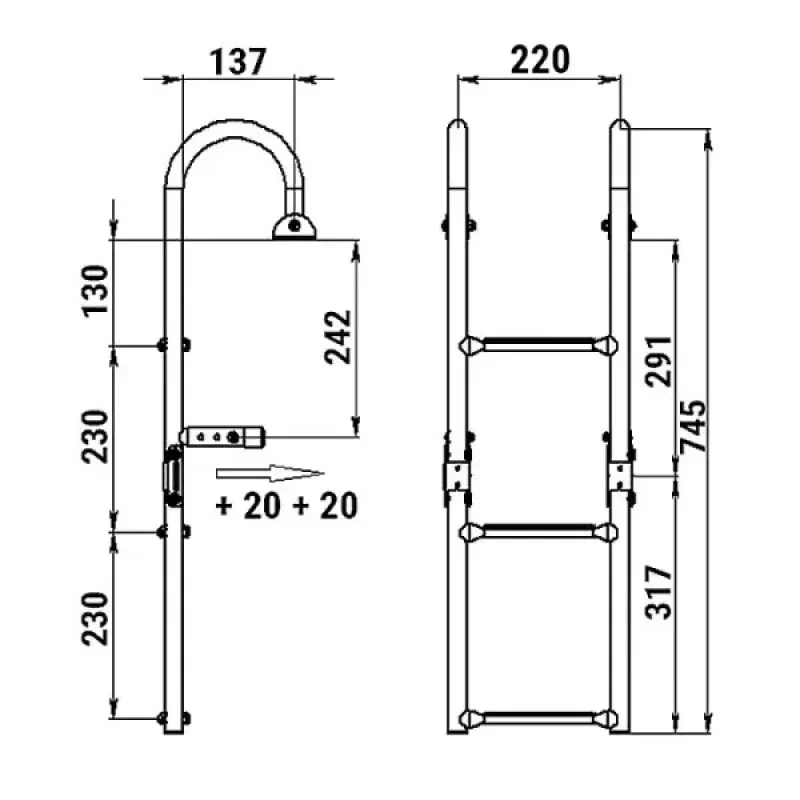 Техномарин Трап складной с горизонтальным креплением, 3 белых ступени (ширина 220 мм.)