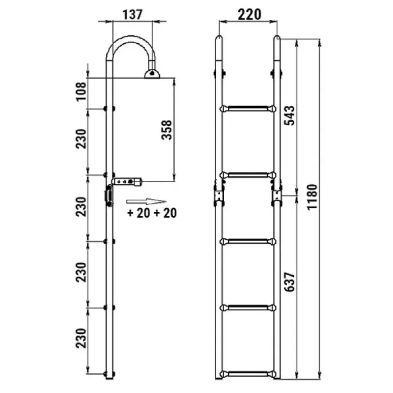 Техномарин Трап складной с горизонтальным креплением, 5 белых ступени (ширина 220 мм.)