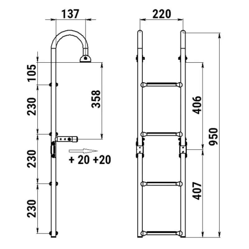 Техномарин Трап складной с горизонтальным креплением, 4 белых ступени (ширина 220 мм.)
