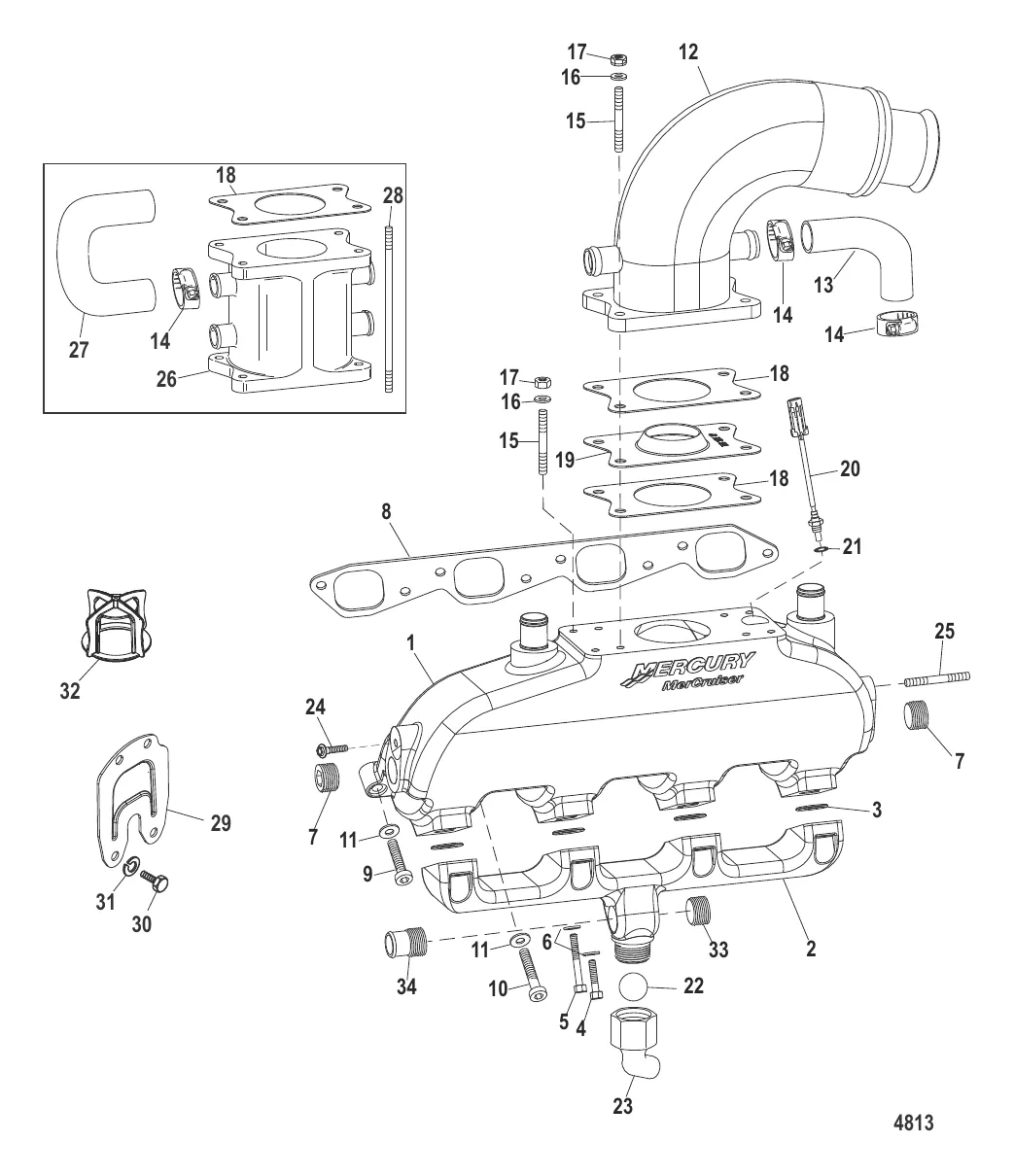 ВЫХЛОПНОЙ КОЛЛЕКТОР (С/ВОДНОЙ НАПРАВЛЯЮЩЕЙ), КОЛЕНЧАТЫЙ И ПОДЪЕМНЫЙ ПАТРУБКИ