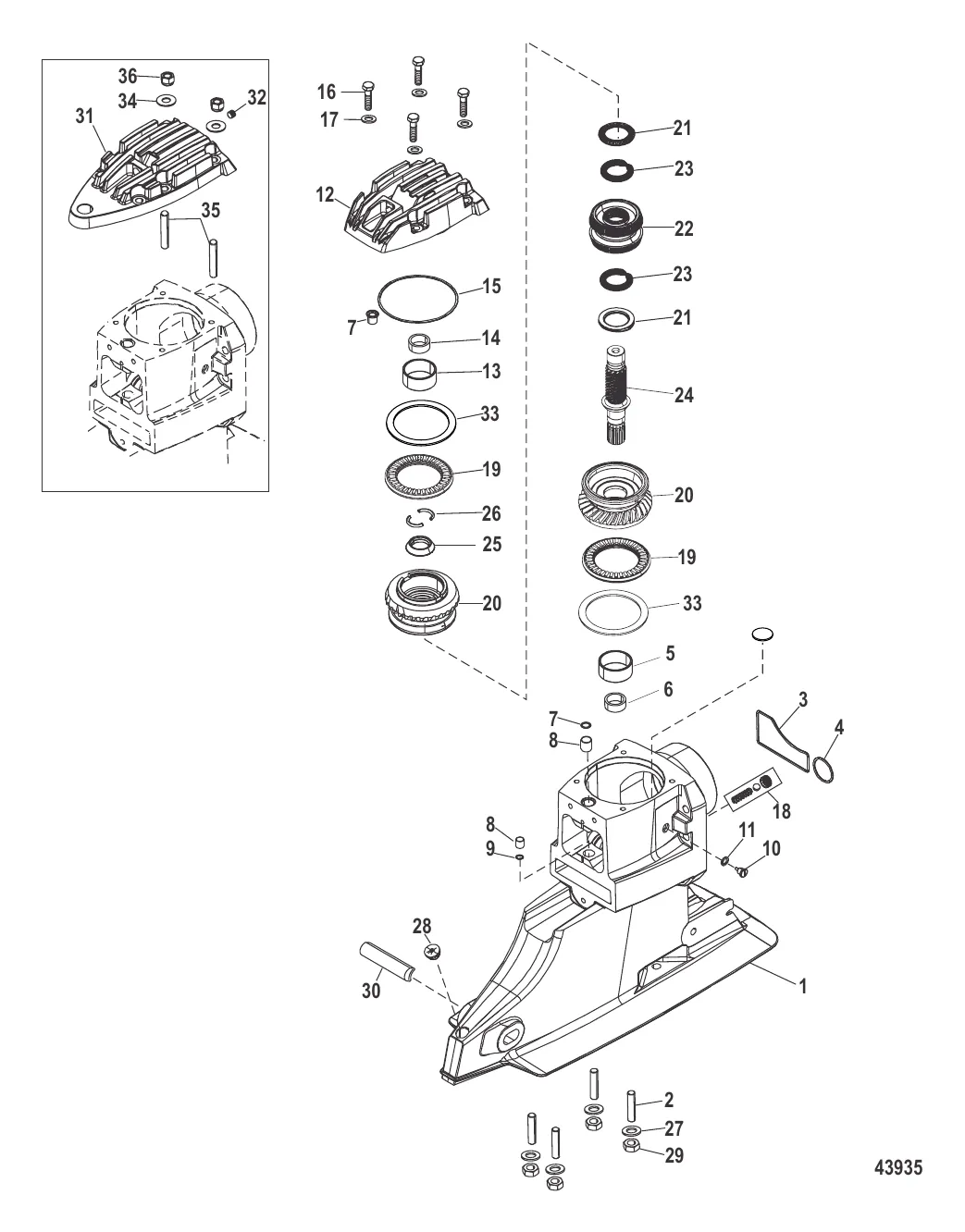 Корпус ведущего вала и ведущие шестерни