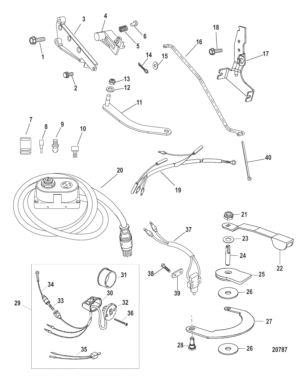 Компоненты комплекта румпельной рукоятки – 40/50/60 Карб. (880095A2/A05)