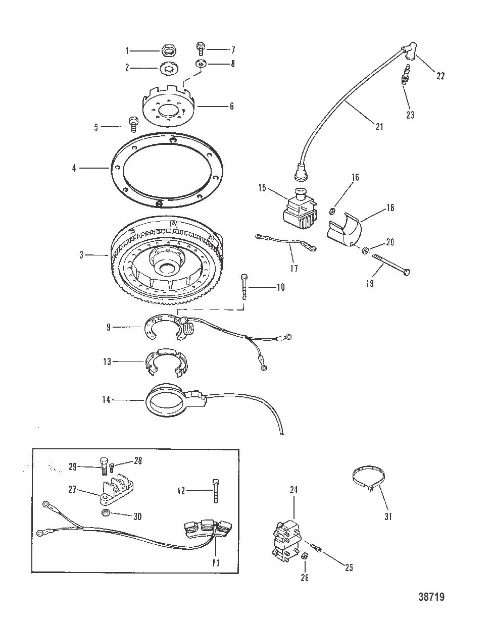 FLYWHEEL, IGNITION COIL AND SWITCH BOX