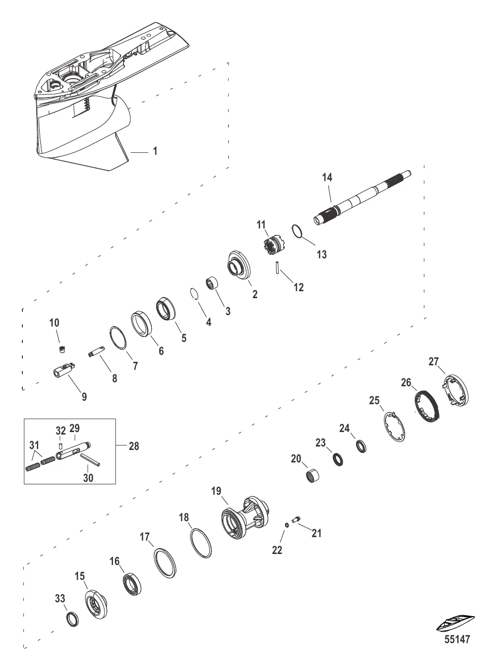 Картер редуктора, вал гребного винта Стандартное вращение 2.38:1
